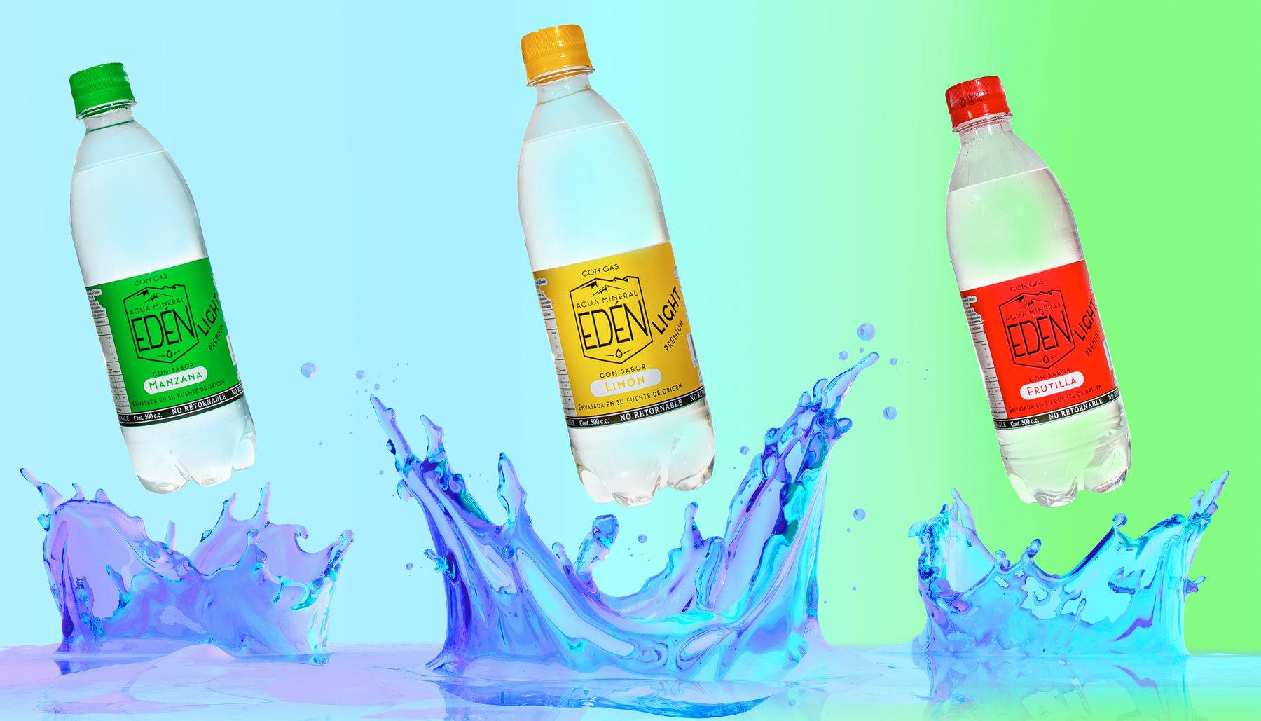 Botellas Edén Light con gas sabor manzana, limón y frutilla